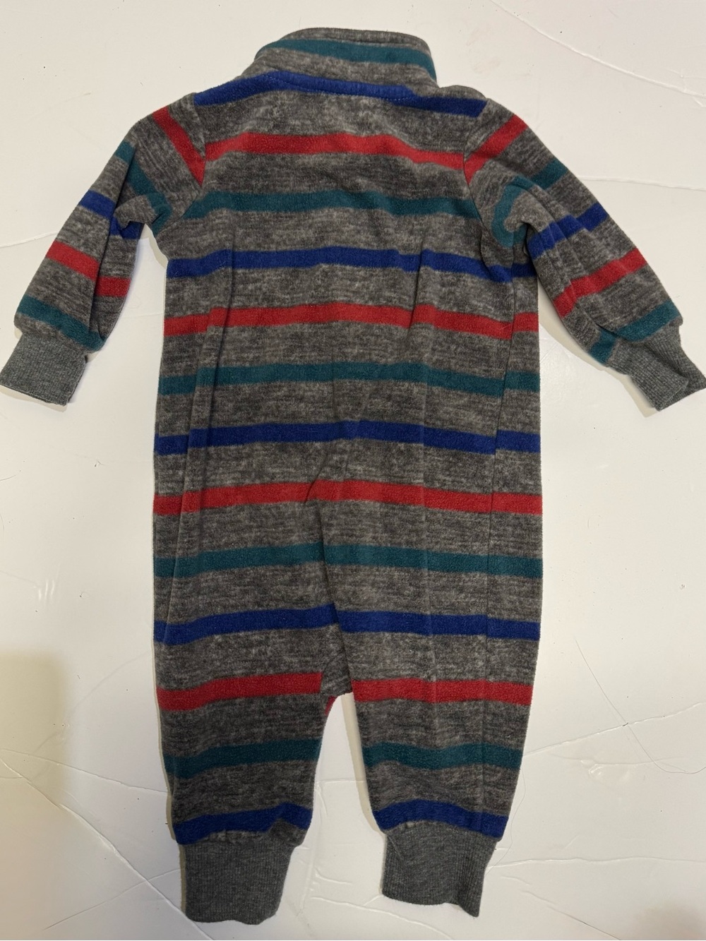 3 for $15 / Gray Footed One-Piece with Red, Blue, and Teal Stripes - Picture 3 of 4